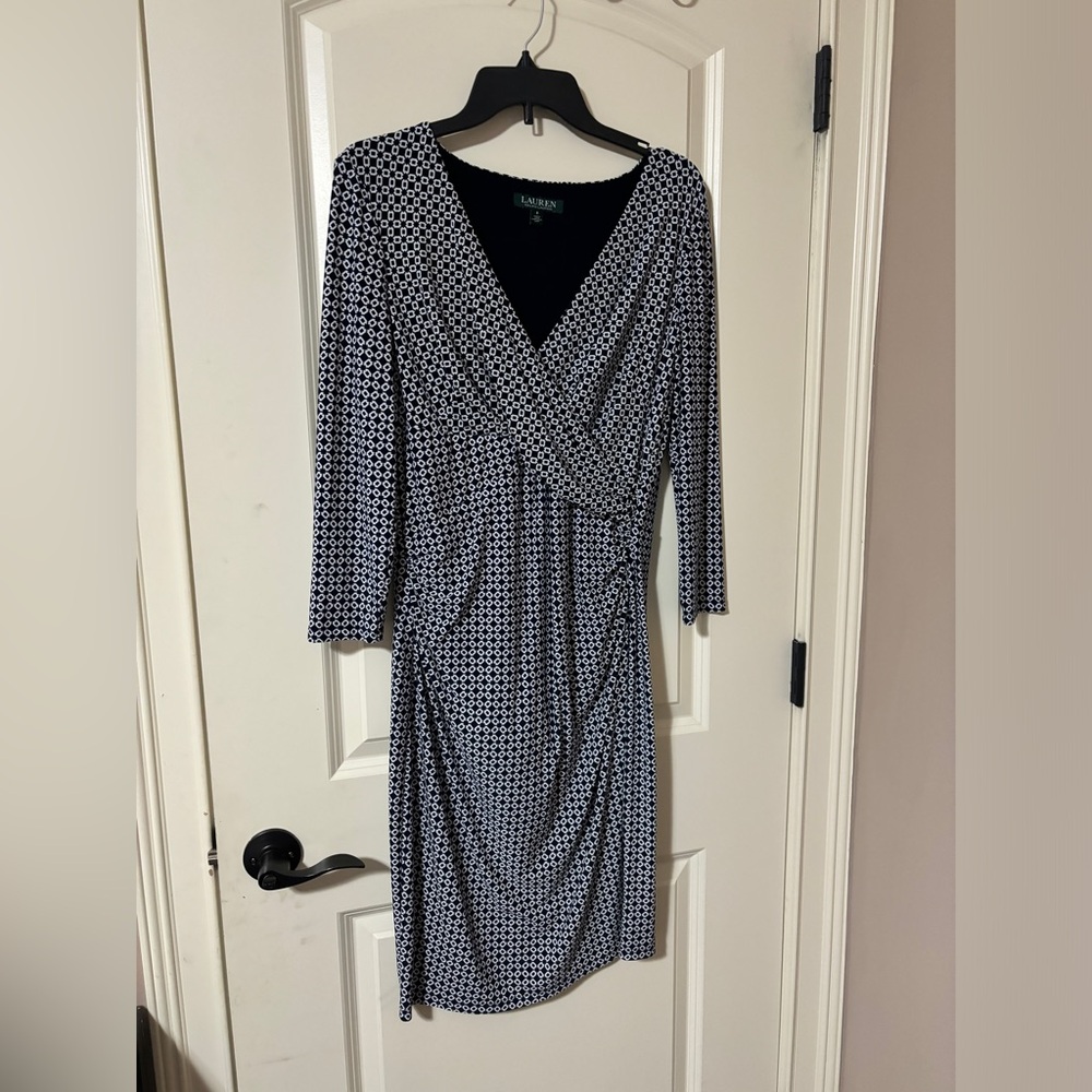 LAUREN RALPH LAUREN Blue Ruched Side Faux Wrap Dress-8